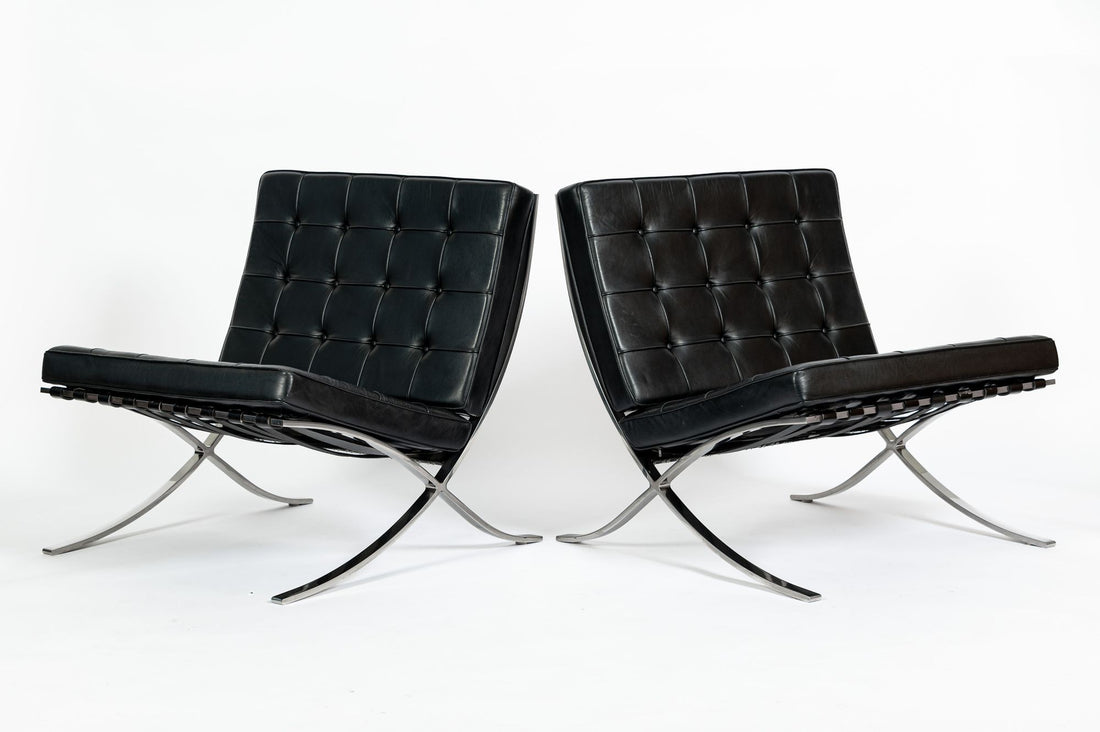 Pair Mid Century Black Leather Barcelona Chairs by Mies van der Rohe for Knoll, 1977