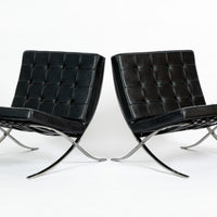 Pair Mid Century Black Leather Barcelona Chairs by Mies van der Rohe for Knoll, 1977