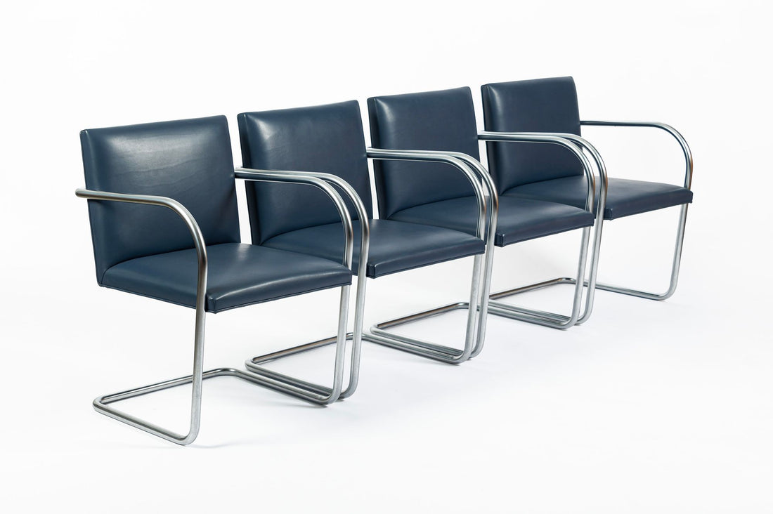 Mid Century Modern Blue Leather Brno Arm Chairs by Mies van der Rohe for Knoll, Set of 4