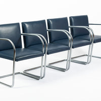 Mid Century Modern Blue Leather Brno Arm Chairs by Mies van der Rohe for Knoll, Set of 4