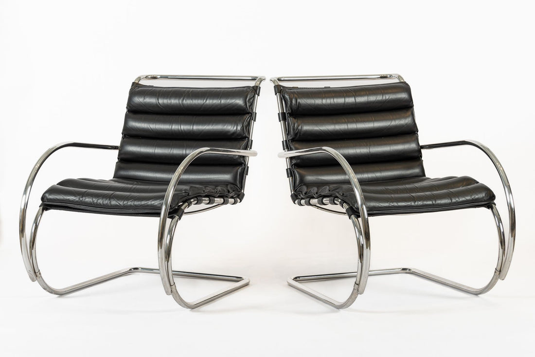 Mid Century MR Black Leather Arm Chairs by Mies van der Rohe for Knoll