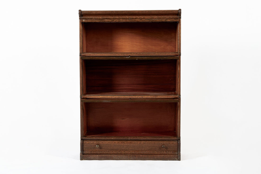 Antique Three Shelf Wood Barrister Bookcase Cabinet with Leaded Glass