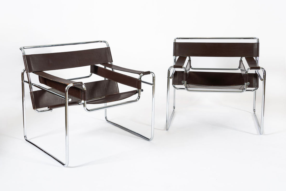 Mid Century Dark Brown Leather Wassily Arm Chairs by Marcel Breuer for Knoll, Signed, 1960s