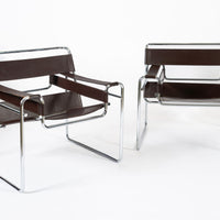 Mid Century Dark Brown Leather Wassily Arm Chairs by Marcel Breuer for Knoll, Signed, 1960s