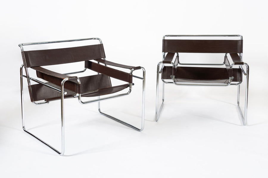 Mid Century Dark Brown Leather Wassily Arm Chairs by Marcel Breuer for Knoll, Signed, 1960s