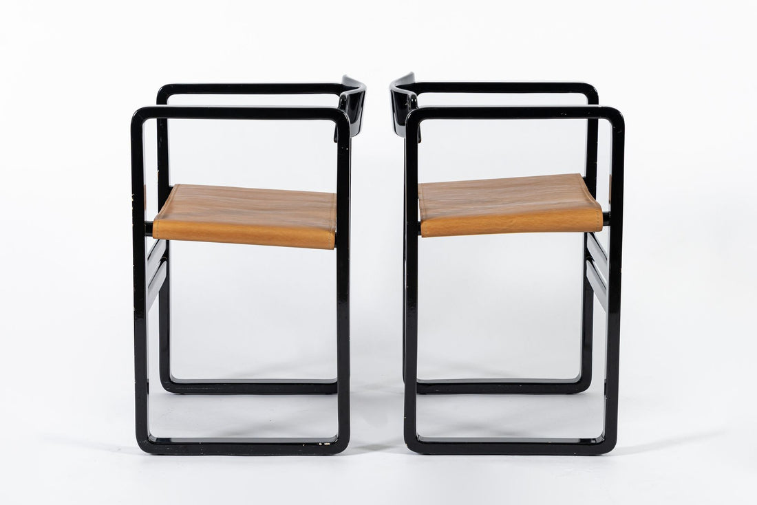 Mid Century Modern Black Lacquer and Brown Leather Arm Chairs 1970s