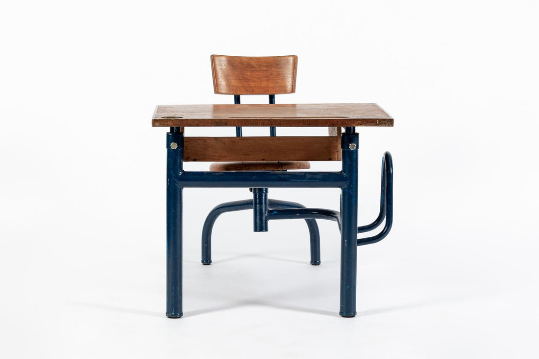 Vintage Antique Wood & Metal Child’s School Desk and Chair in the Style of Jean Prouvé