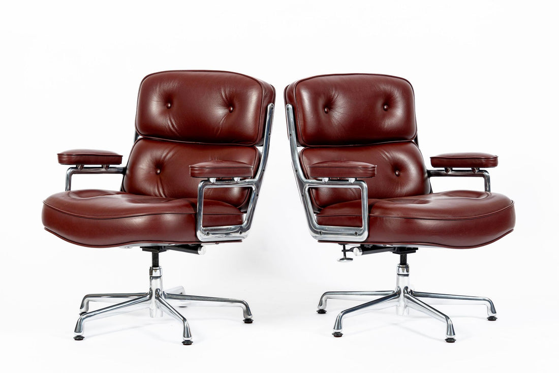 Pair Eames Herman Miller Time Life Lobby Red Leather Office Chairs