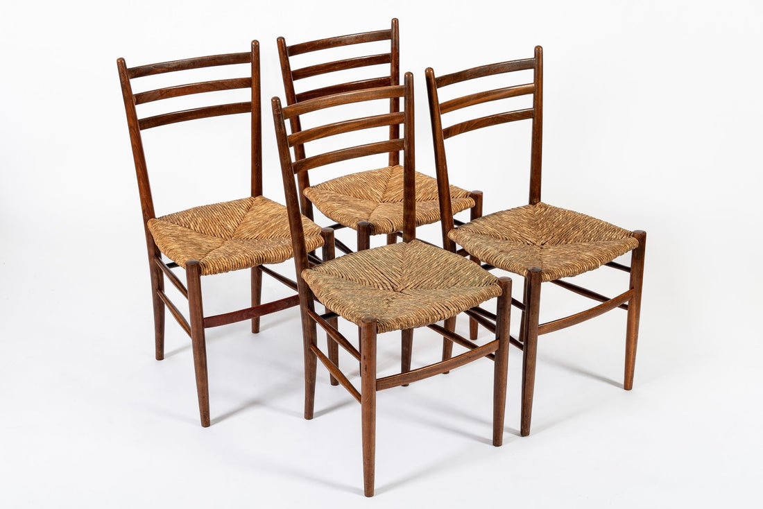 Vintage Rustic Modern Wood and Rush Wicker Dining Chairs, Set of 4