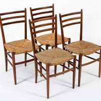 Vintage Rustic Modern Wood and Rush Wicker Dining Chairs, Set of 4