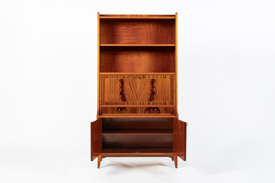 Scandinavian Modern Figured Mahogany Secretary Bookcase Cabinet 1960s