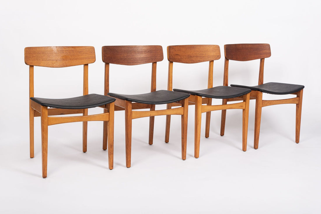 Mid Century Danish Teak Wood & Black Vinyl Dining Chairs