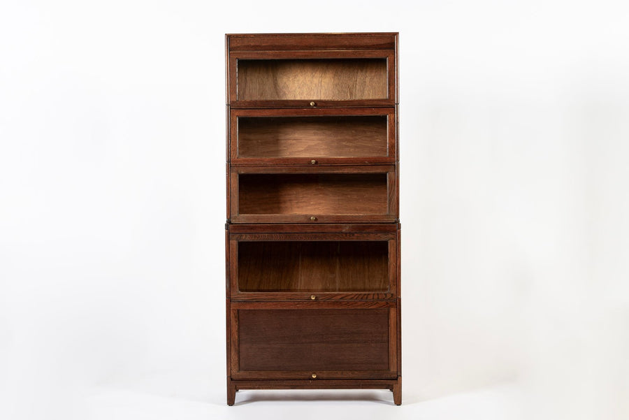 Antique English Tall Stepback Oak Wood Barrister Bookcase Cabinet