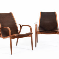 Pair Mid-Century Swedish Brown Lamino Lounge Chairs by Yngve Ekström for Swedese