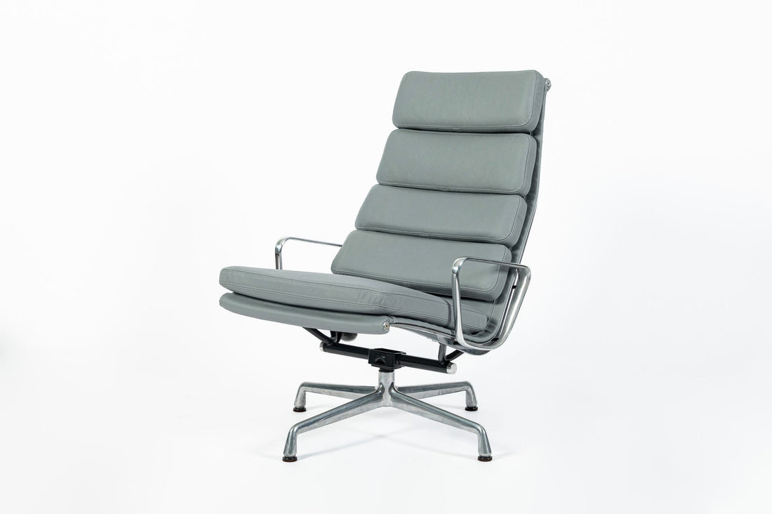 Eames Soft Pad Recliner for Herman Miller, Gray Leather Aluminum Group Lounge Chair