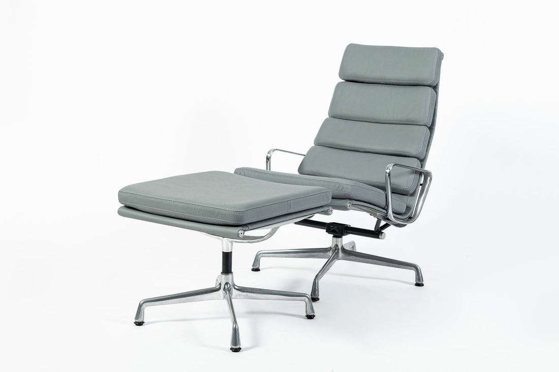 Eames Soft Pad Recliner with Ottoman for Herman Miller, Gray Leather Aluminum Group