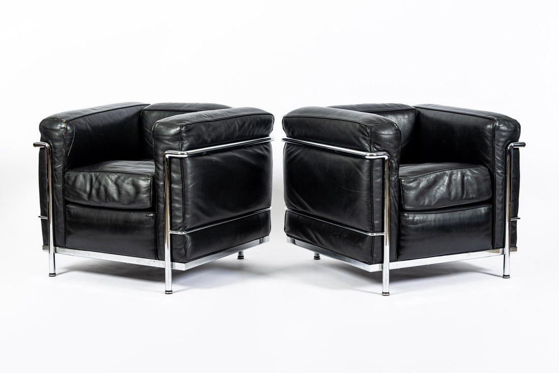 Pair of Cassina LC2 Black Leather Petit Lounge Chairs by Le Corbusier