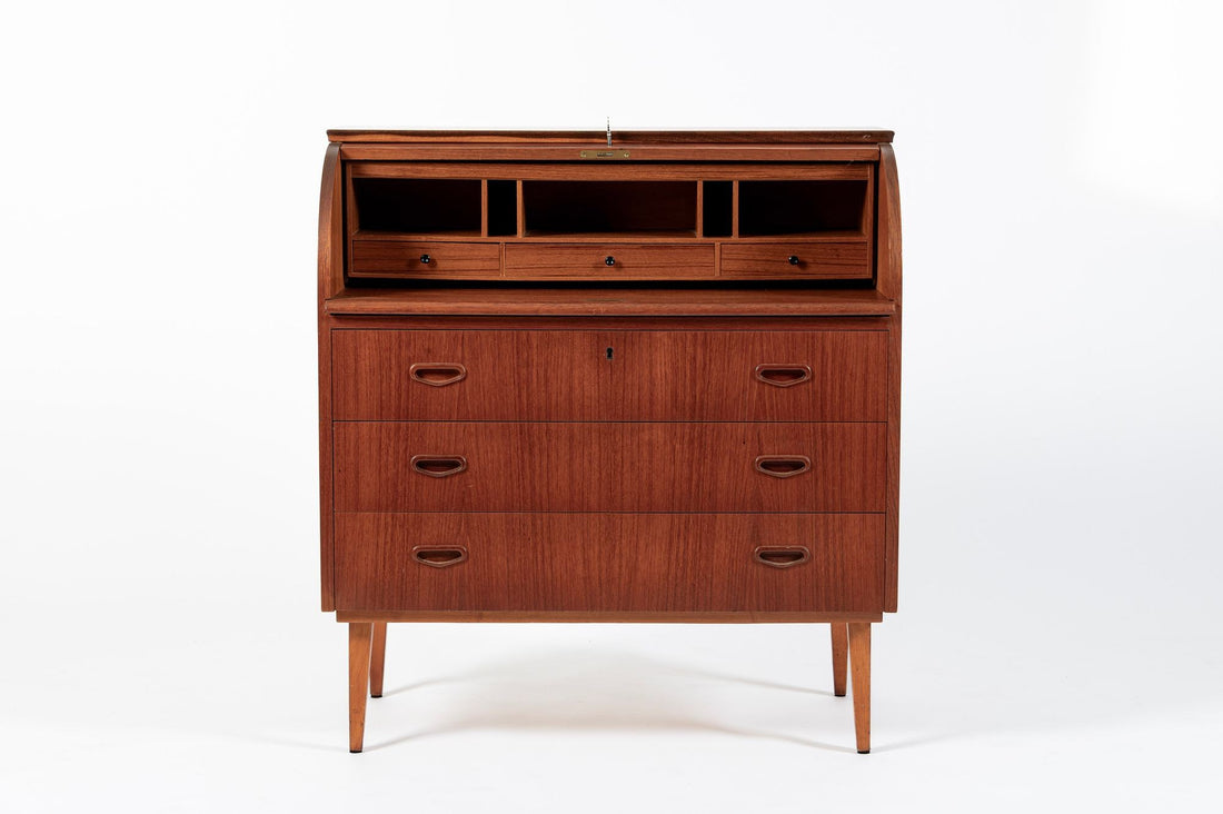 Scandinavian Teak Wood Rolltop Secretary Desk by Egon Ostergaard, Made in Sweden