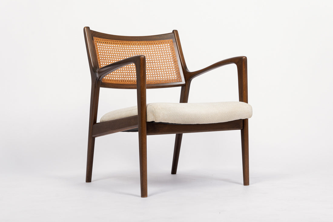 Mid Century White Lounge Chairs with Walnut and Cane Jens Risom Style