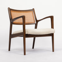 Mid Century White Lounge Chairs with Walnut and Cane Jens Risom Style