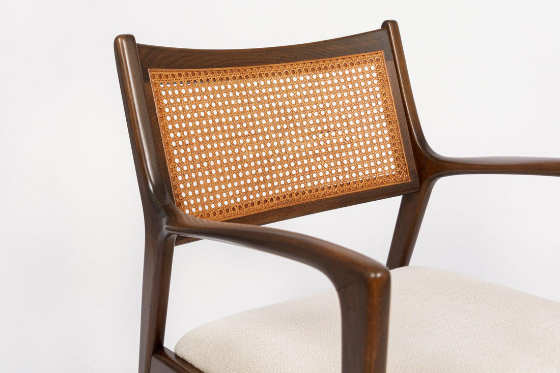 Mid Century White Lounge Chairs with Walnut and Cane Jens Risom Style