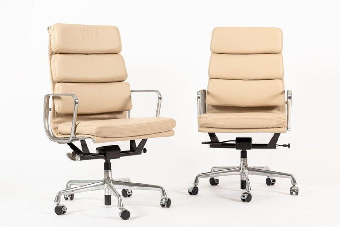 Herman Miller Eames Tall Tan Leather Desk Chair Soft Pad Pair