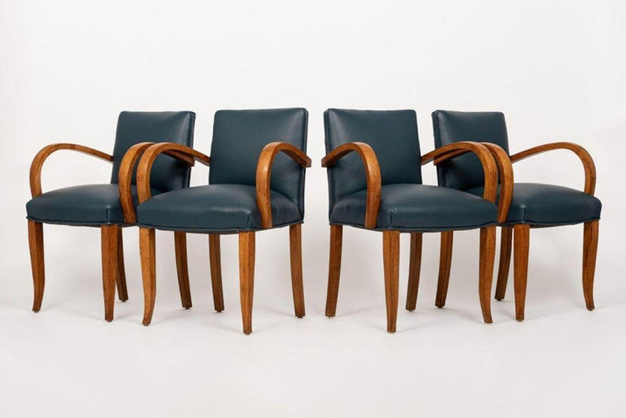 Antique Art Deco Maple Bentwood and Blue Leather Dining Chairs 1930s