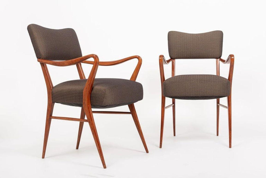 Pair of Mid Century Modern Wood & Brown Upholstered Arm Chairs, 1950s