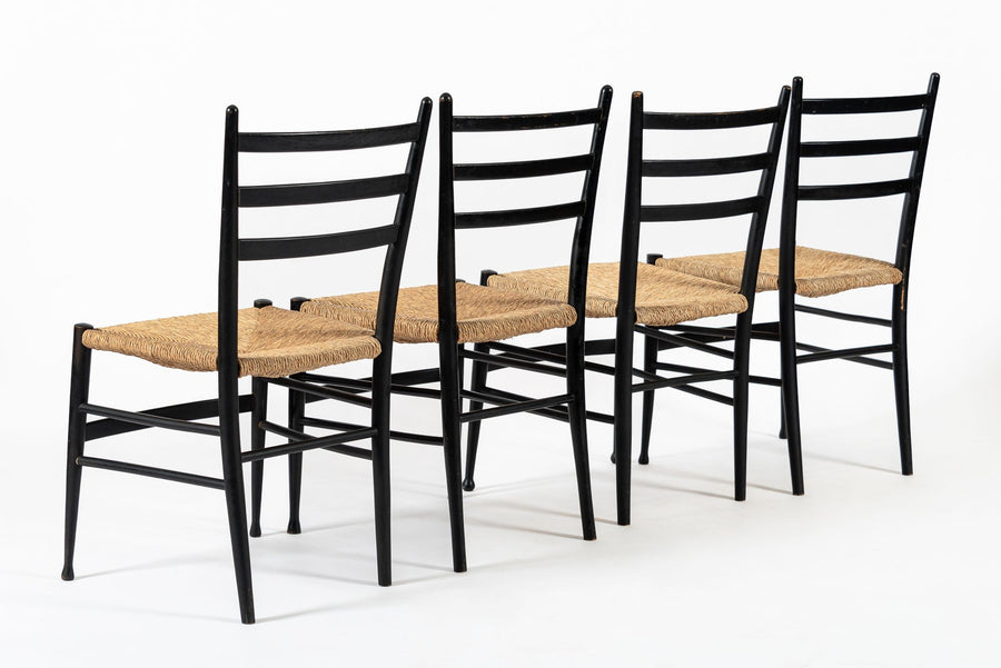 Vintage Mid Century Black Wood and Rush Wicker Dining Chairs