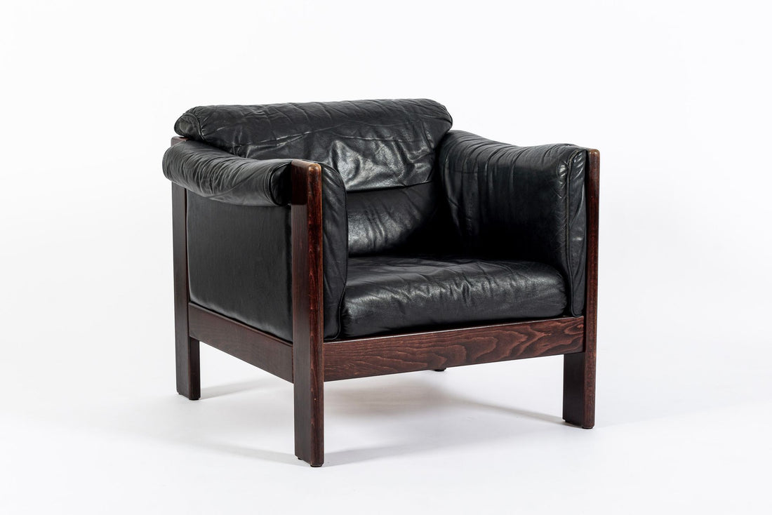 Mid Century Danish Black Leather Lounge Chair in Style of Arne Norell, Matching Sofa