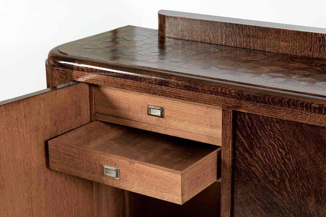 Antique French Art Deco Wood Parquetry Sideboard Cabinet by Adolphe Chanaux (attr)