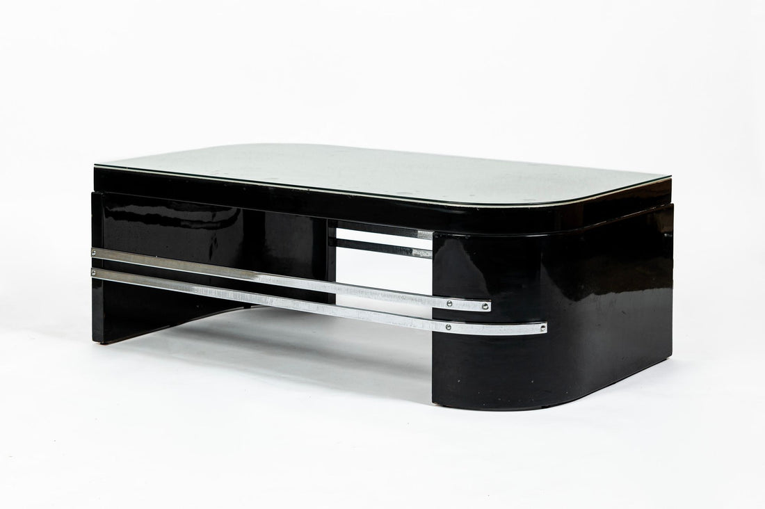 Art Deco Coffee Table in Black Lacquer and Metal Leaf, circa 1935