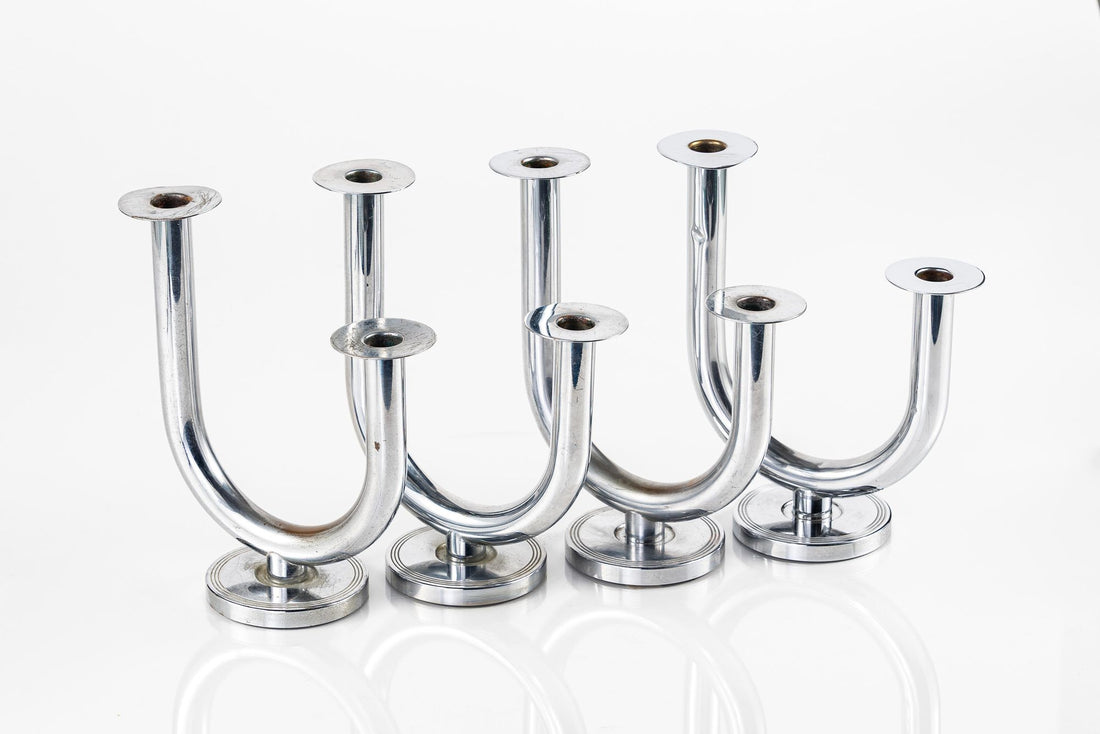 Antique Art Deco Taurex Chrome Candlestick Holders by Walter Von Nessen for Chase