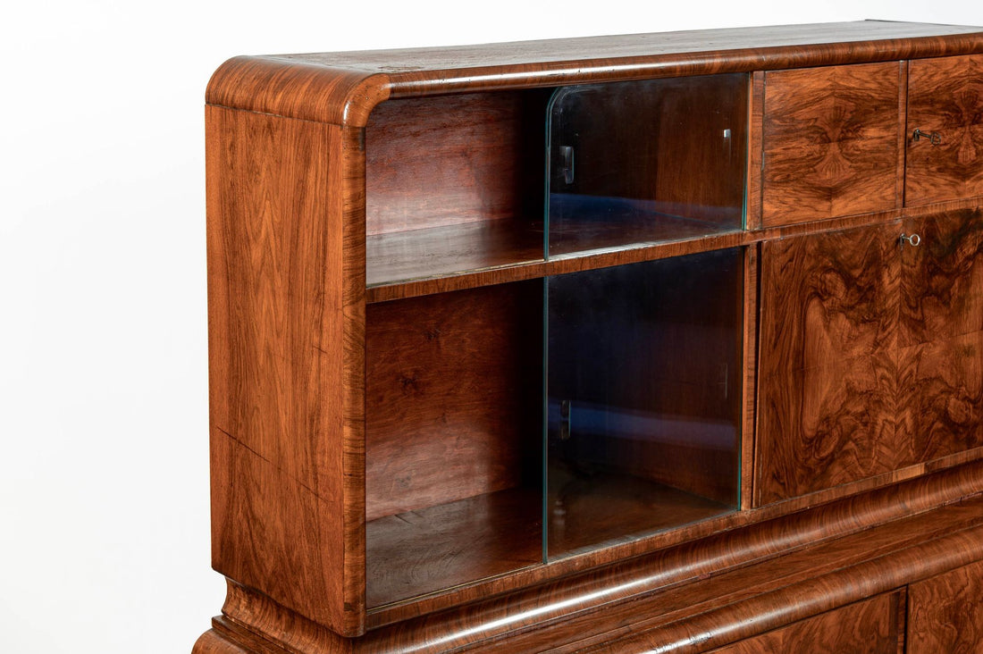 Antique Art Deco Burl Wood China Cabinet or Bar Cabinet with Drop-down Tabletop 1930s