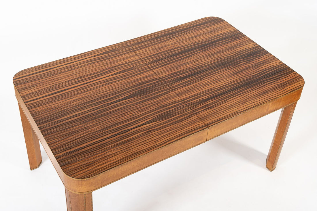 Antique Art Deco Macassar Ebony Wood Dining Table with Glass Top, 1940s
