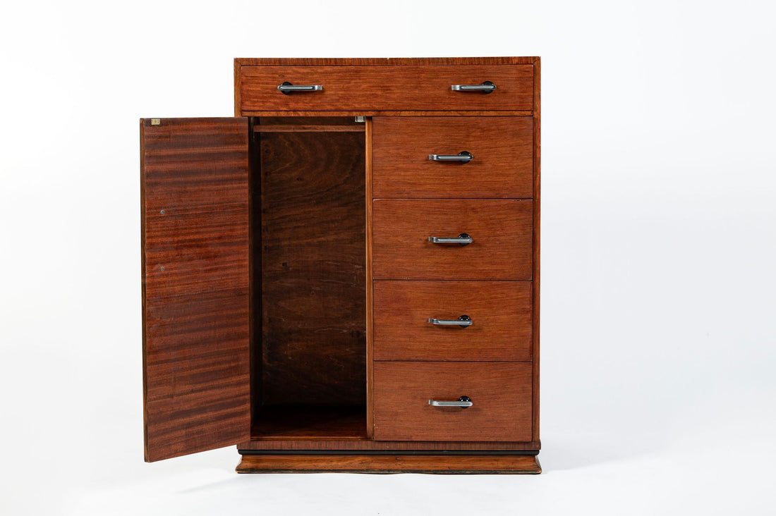 Art Deco Tiger Wood Dresser Cabinet, Vintage Streamline Modern 1940s