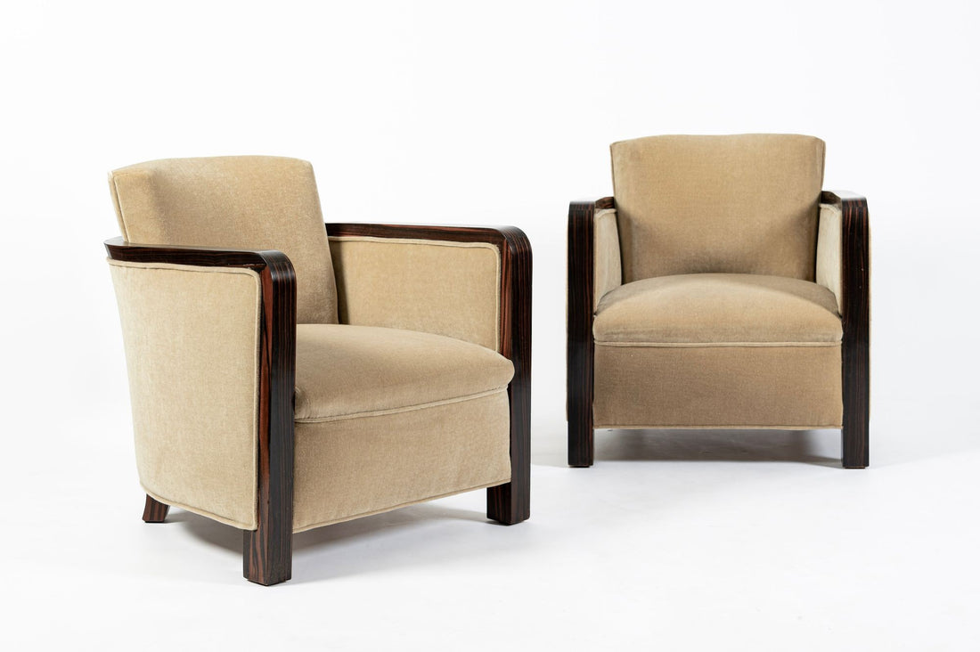 French Art Deco Mohair Lounge Chairs by Eric Bagge for Mercier Frères, Macassar Ebony, 1920s