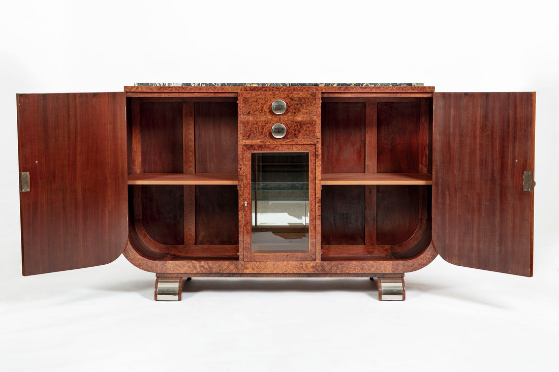 French Art Deco Amboyna Burl Sideboard or Bar Cabinet with Marble Top, Circa 1930