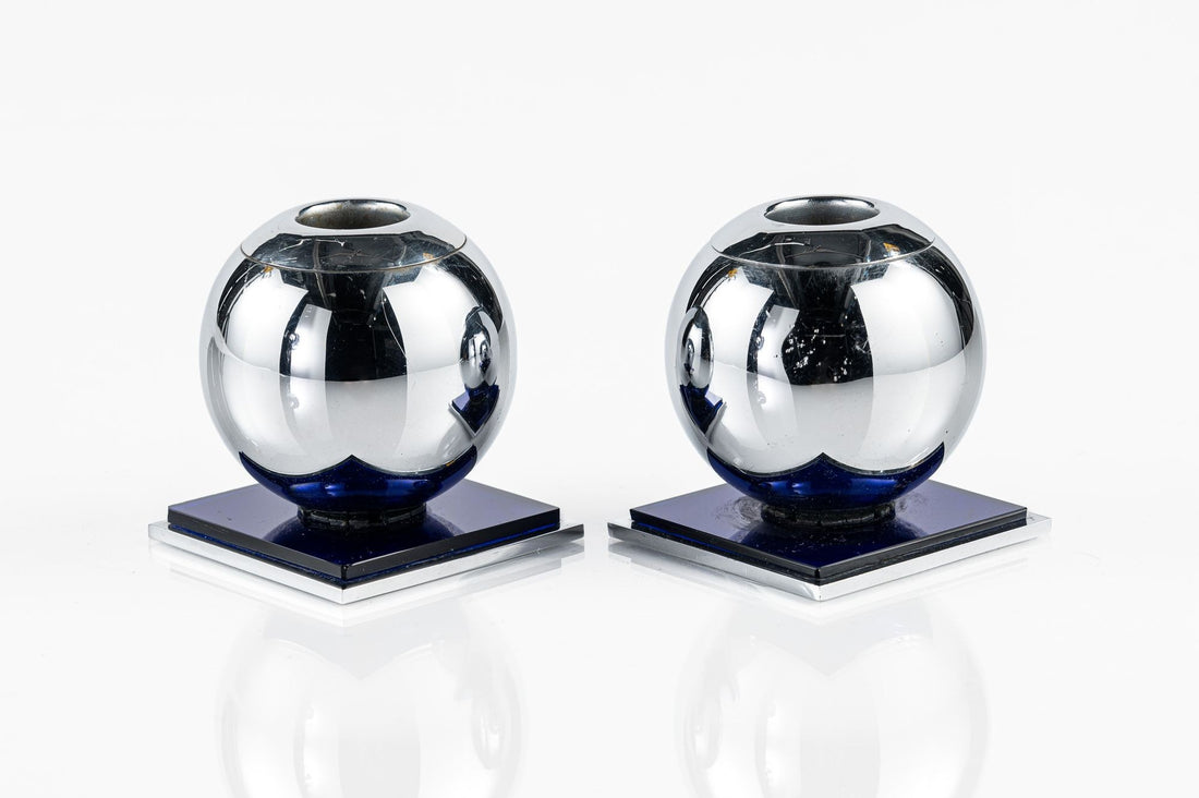 Art Deco Chrome and Cobalt Blue Candleholders by Walter von Nessen for Chase, 1930s
