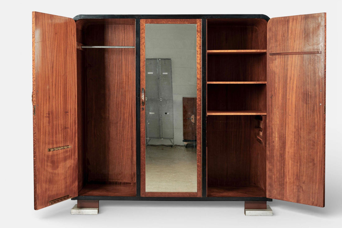 Antique Art Deco Maple Wood Mirrored Armoire Cabinet 1930s