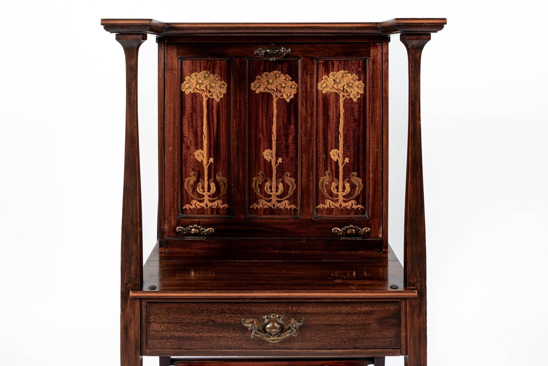 Antique Art Nouveau Scottish Mahogany Floral Secretary Cabinet