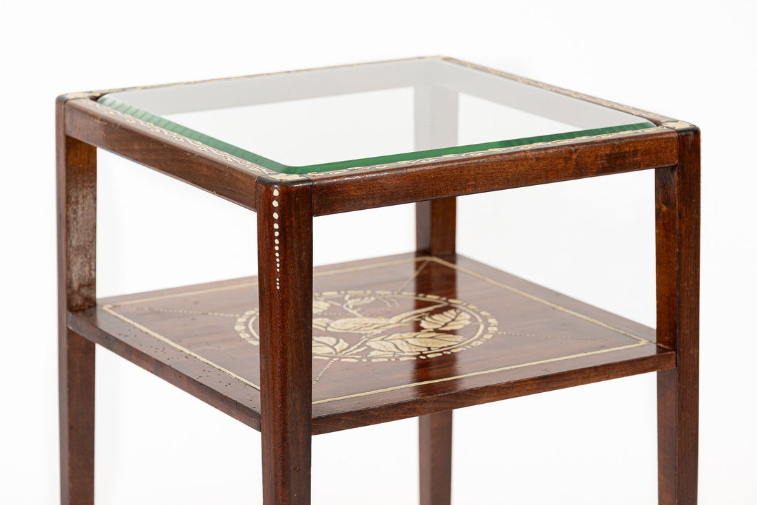 Antique French Art Nouveau Small Handpainted Mahogany Wood & Glass Side Table