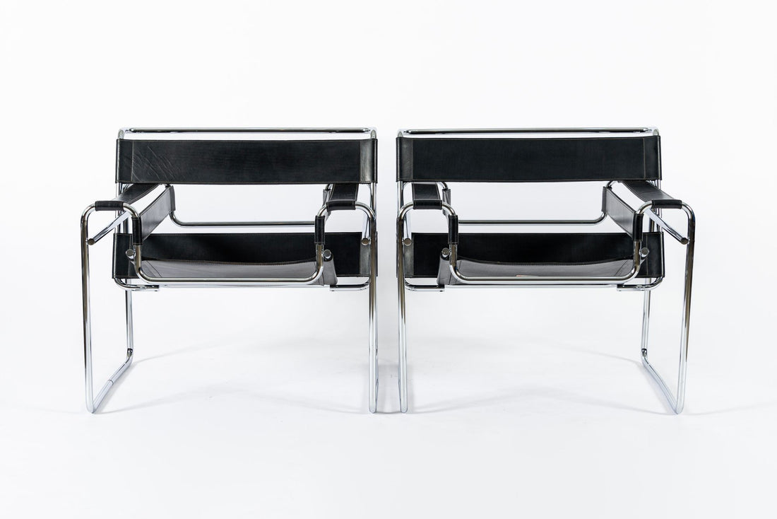 Mid Century Black Leather Wassily Arm Chairs by Marcel Breuer for Knoll, 1960s