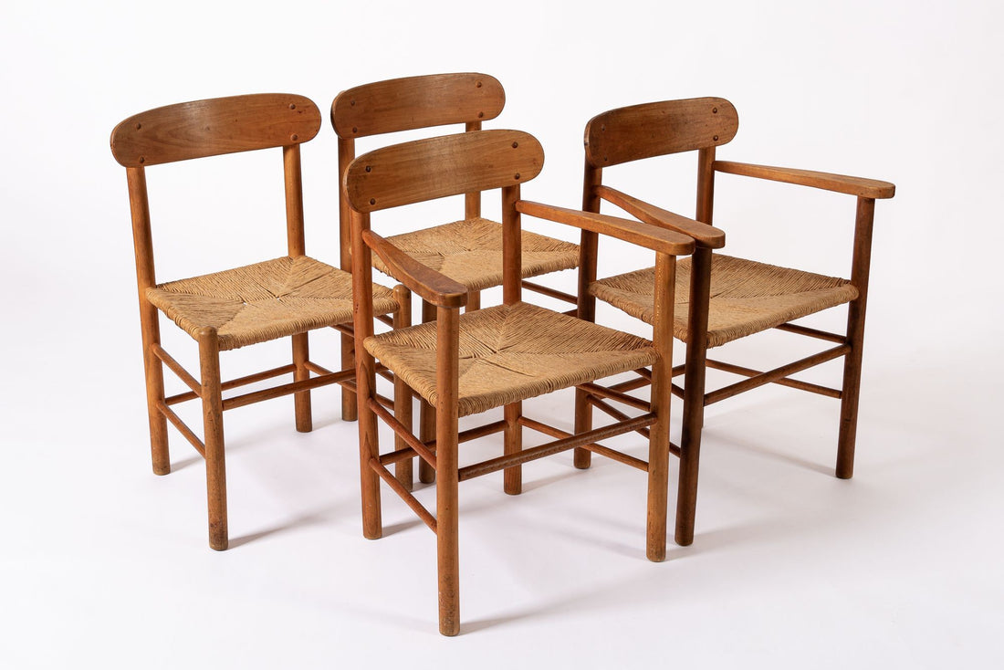 Mid Century Danish Wood & Rush Wicker Dining Chairs