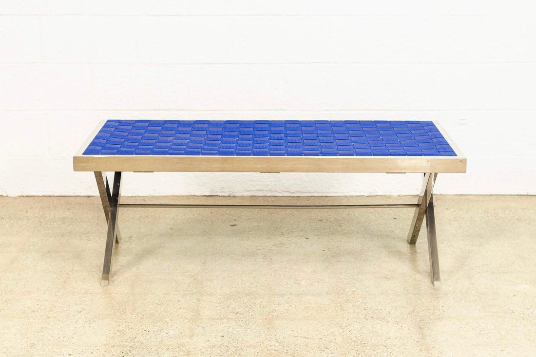 Mid Century Modern Chrome and Blue Strap Bench Milo Baughman Style