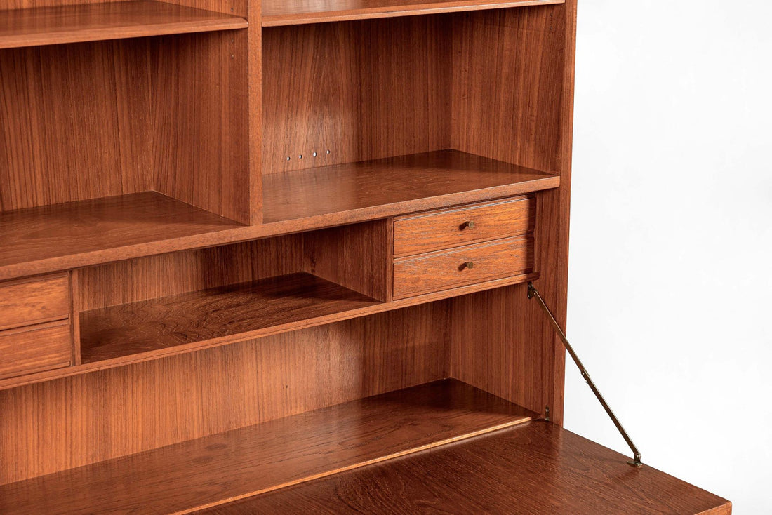 Mid-Century Danish Teak Wood Bookshelves with Dropdown Desk by Bjerringbro Møbler