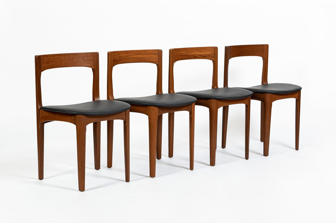Mid Century Danish Teak Wood & Black Vinyl Dining Chairs, Set of 4