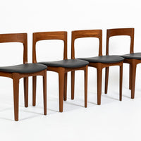 Mid Century Danish Teak Wood & Black Vinyl Dining Chairs, Set of 4