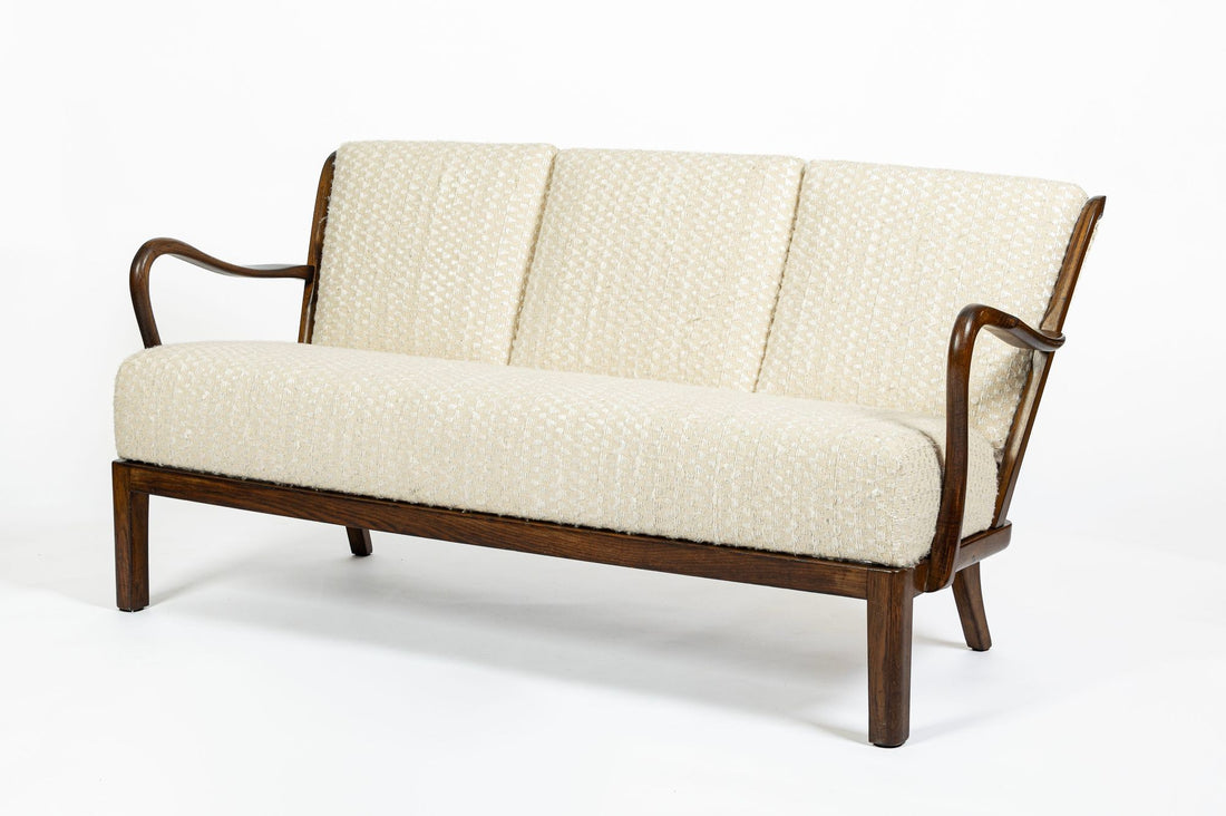 Danish Modern Solid Walnut Spindle Back Sofa in Schumacher Fabric, Circa 1960