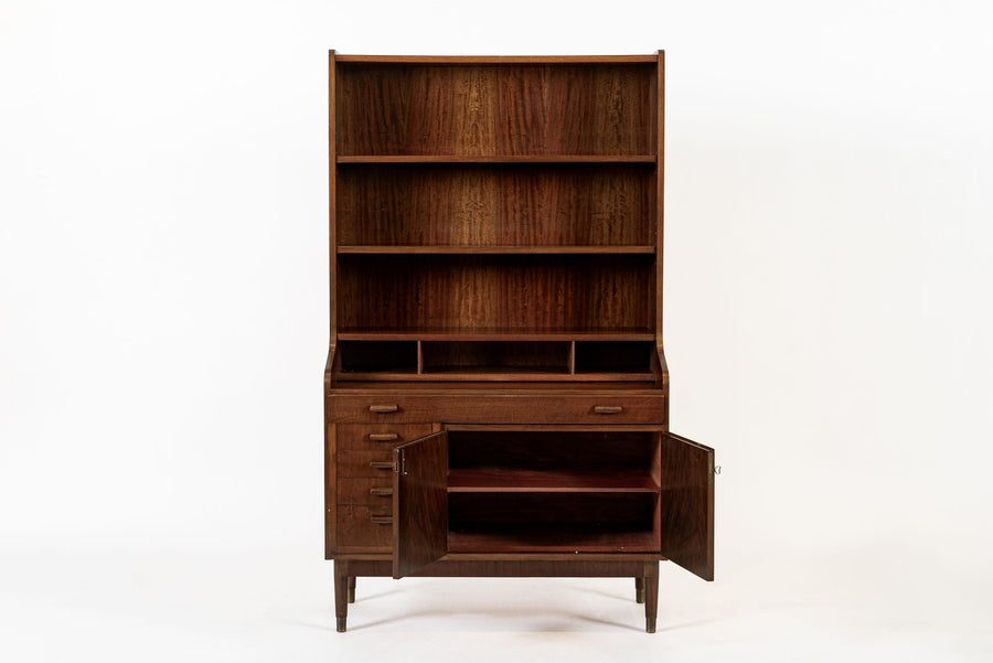 Mid Century Danish Walnut Wood Pull-Out Secretary Desk & Bookcase